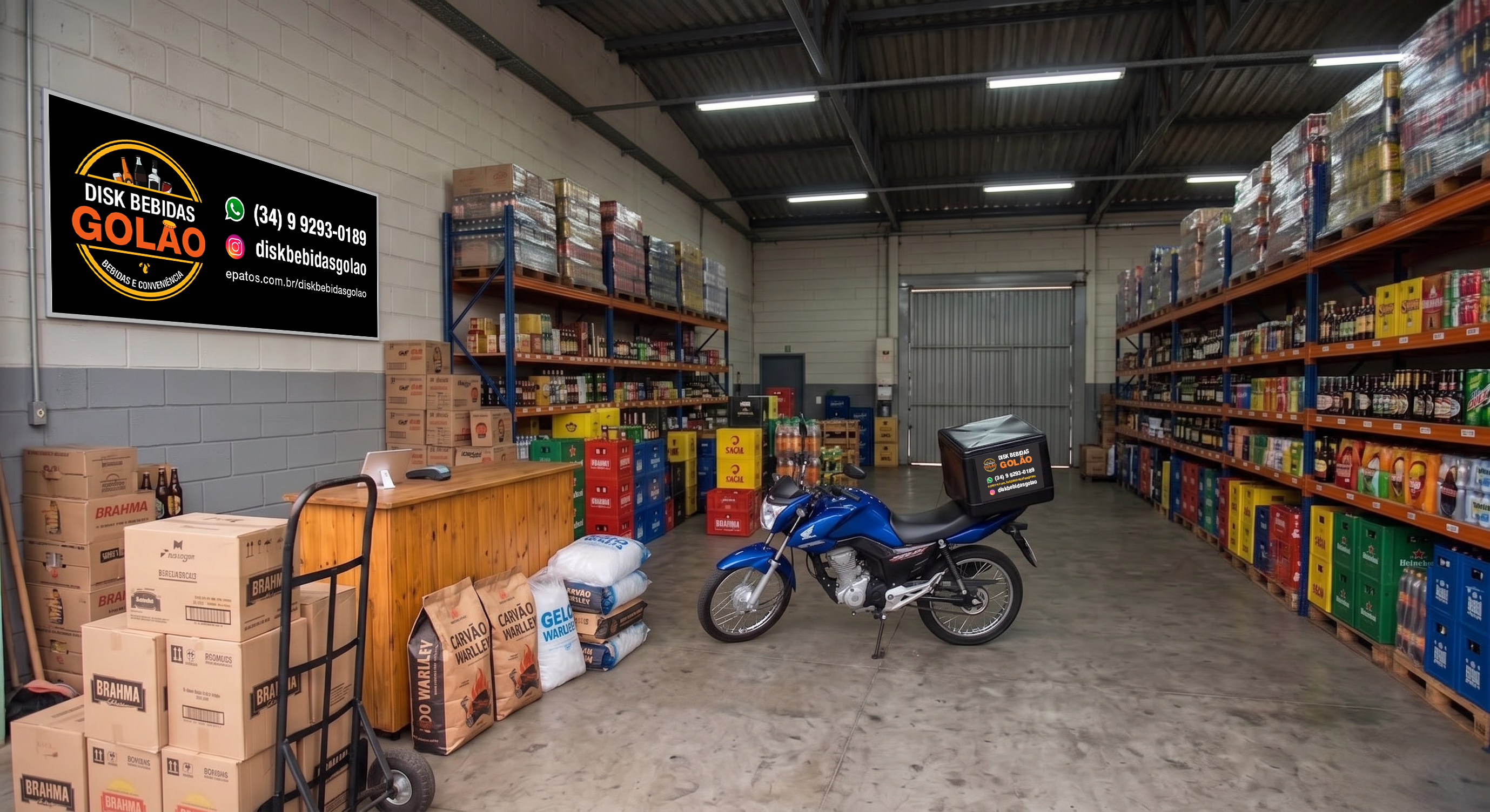 Estabelecimento do Disk Bebidas Golão com moto azul para entregas